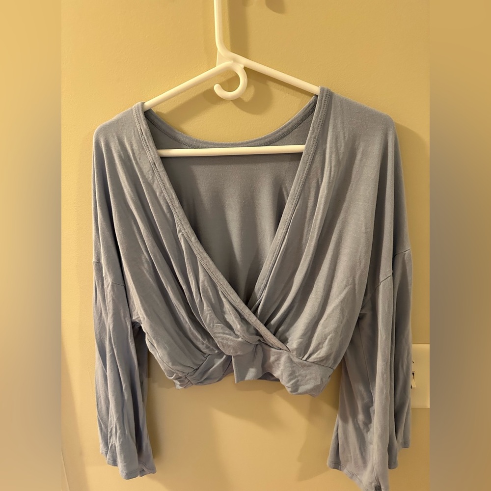 Lulus light blue, bell sleeve with cross, open back top